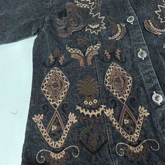 Chico's Black Denim Jacket XS 0 Embroidered Beaded Cropped Boho Western Vintage - Picture 9 of 16